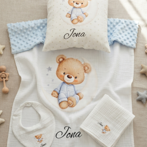 SET 4 dvoslojna muslinminky dekica+jastučić+muslin slinček+muslin krpica 10998 Medo sjedi na bijelom mjesecu