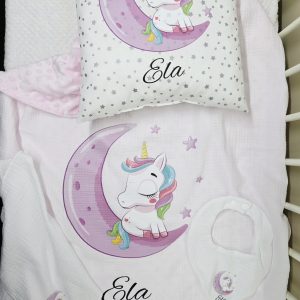 SET 4 dvoslojna muslinminky dekica+jastučić+muslin slinček+muslin krpica 10998 Jednorog