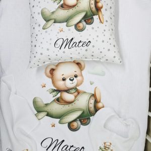 SET 4 dvoslojna muslinminky dekica+jastučić+muslin slinček+muslin krpica Medo u zelenom avionu10998 (Kopiraj)